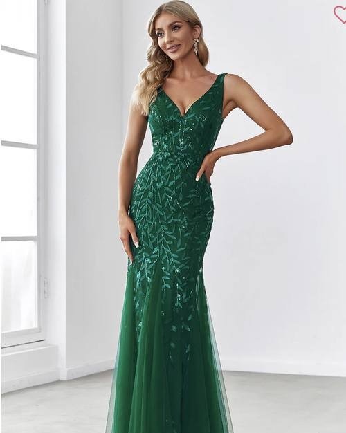 Vestido Maxi Sirena Doble Escote V con Lentejuelas
